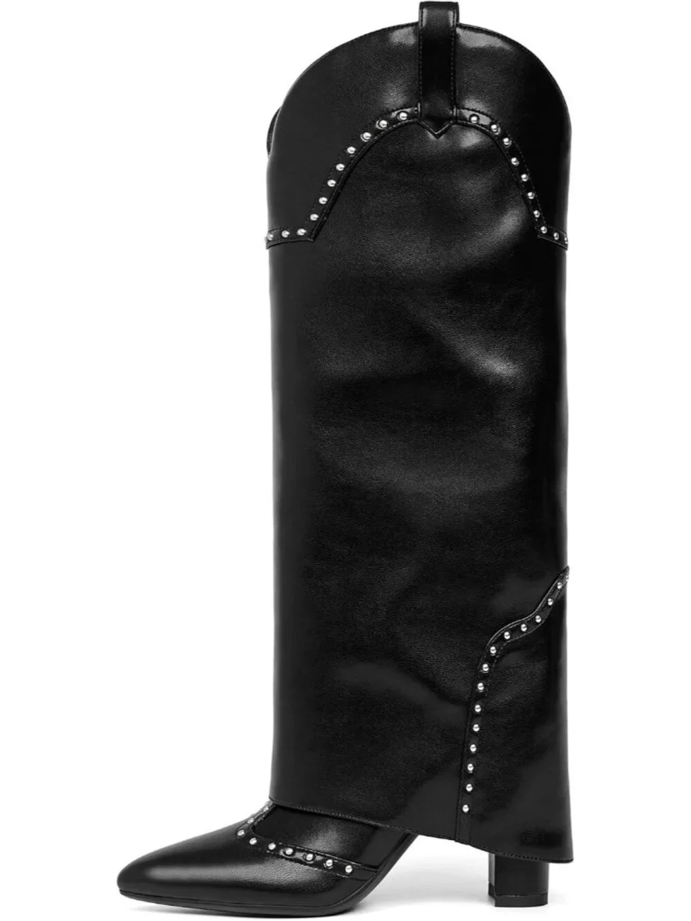 Women's Black Stud Pointed Toe Chunky Heel Faux Leather Over The Knee High Boots